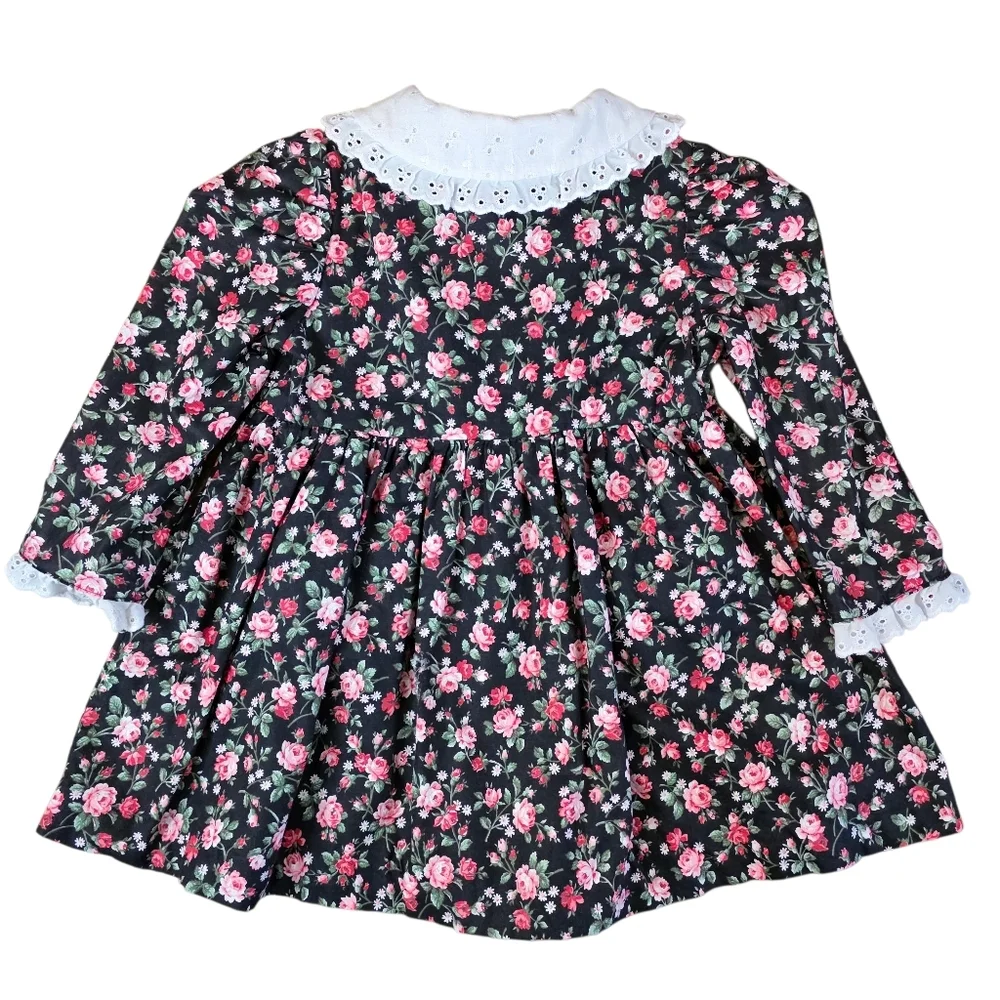Black Rose Floral Cottagecore Handmade Dress Lace Collar Long Sleeve 2T